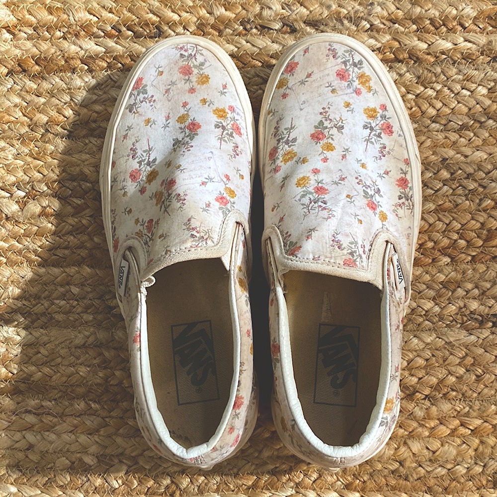 Vans slip ons, off white with vintage rose pattern